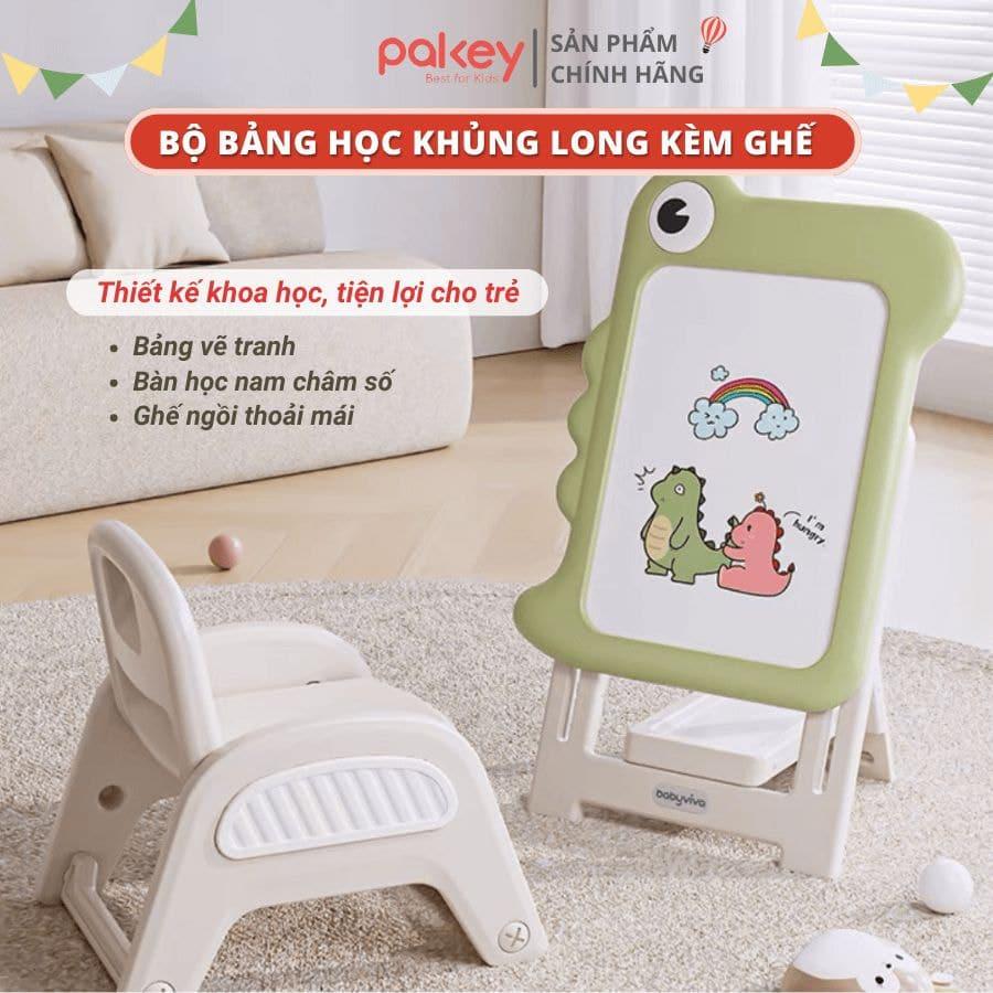 Bộ bảng học kèm ghế Pakey có họa tiết khủng long đáng yêu cùng tone màu xanh - trắng tươi sáng
