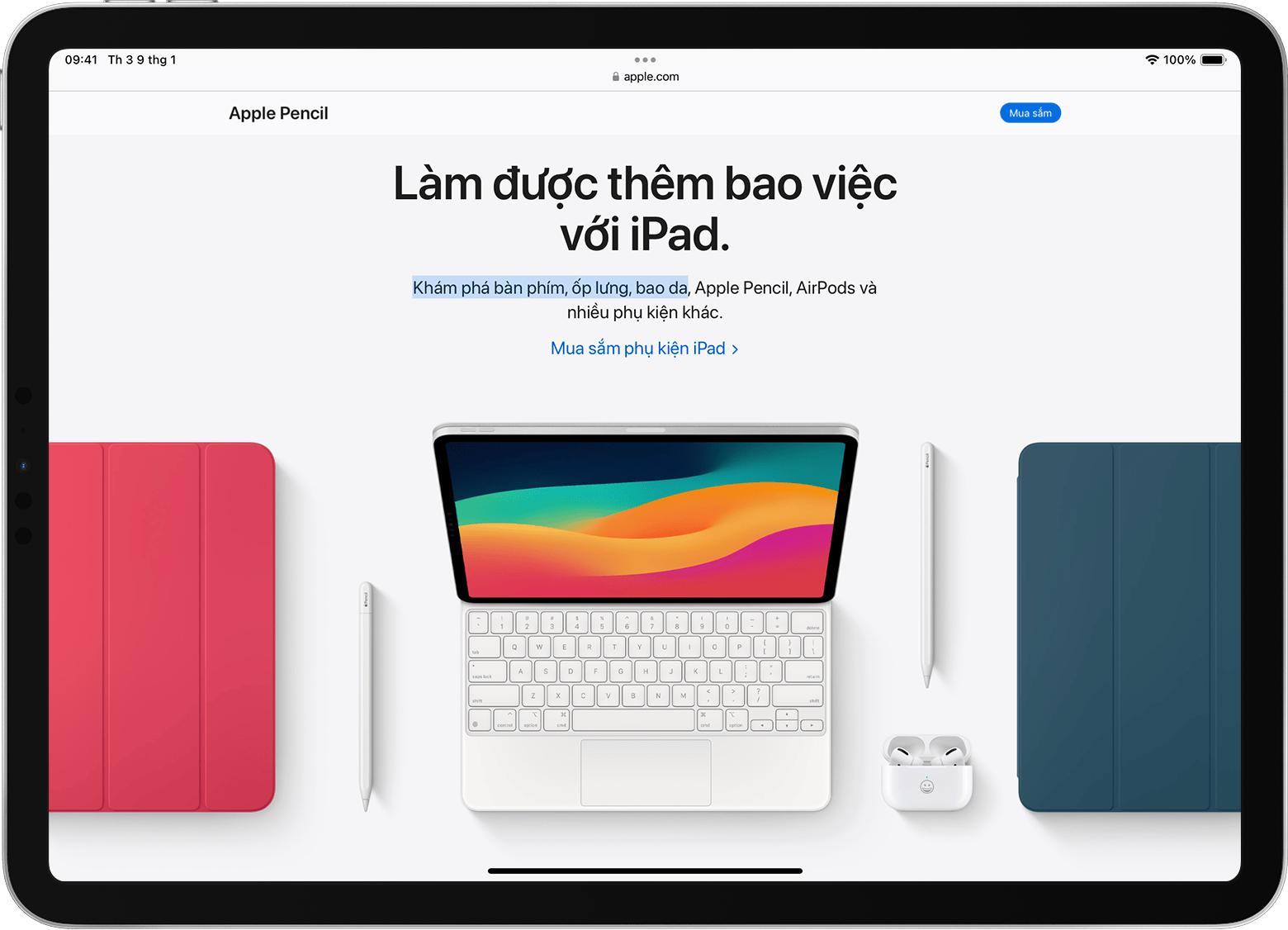 iPad với văn bản trên màn hình được tô sáng như bằng chuột