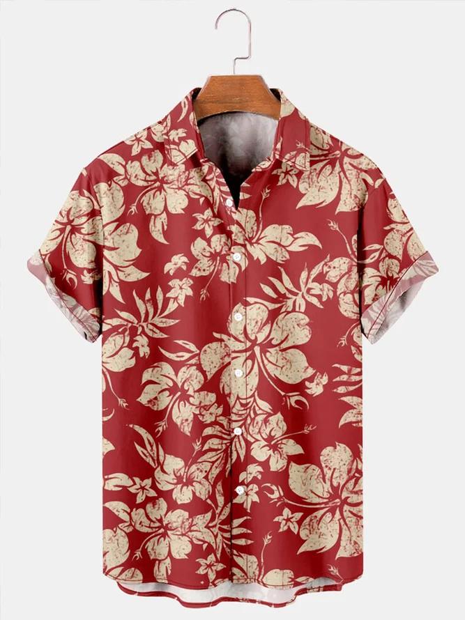 Áo Hawaii in hình hoa lá nền đỏ đi biển