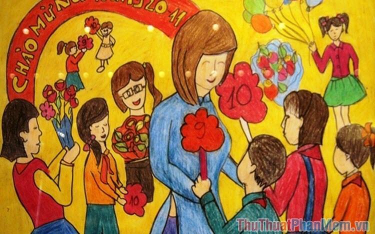 Bức tranh vẽ 20/11 lớp 8 đẹp nhất hình ảnh thầy cô và học sinh thân thương trong lớp học