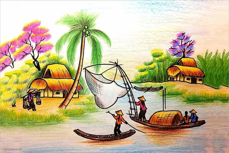 alt: Bức tranh vẽ phong cảnh thiên nhiên với núi non và cây cối