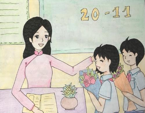 Tranh vẽ 20-11 đơn giản đẹp lớp 4 hình ảnh học sinh tặng hoa cô giáo ngày Nhà giáo Việt Nam