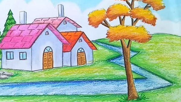Vẽ tranh đề tài tự chọn lớp 9 đẹp nhất về phong cảnh quê hương thanh bình với đồng lúa và dòng sông