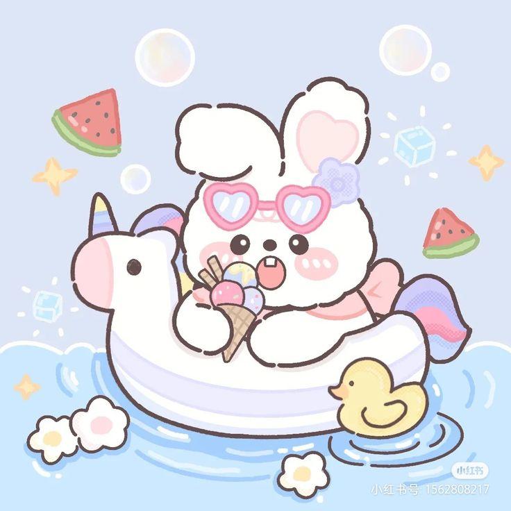 Hình ảnh chibi động vật cute - Bé thỏ đi bơi
