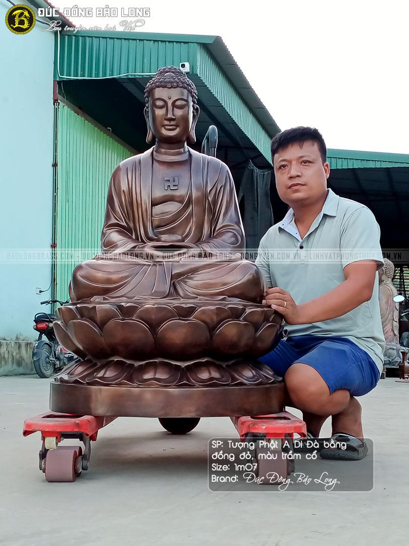 Tượng Phật A Di Đà bằng đồng đỏ màu trầm cổ cao 1m07