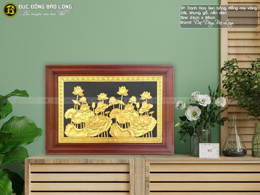 tranh đồng hoa sen 61cm x 88cm mạ vàng 24k