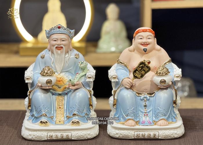 Tượng Ông Địa Thần Tài Bằng Sứ Xanh Đế Vuông