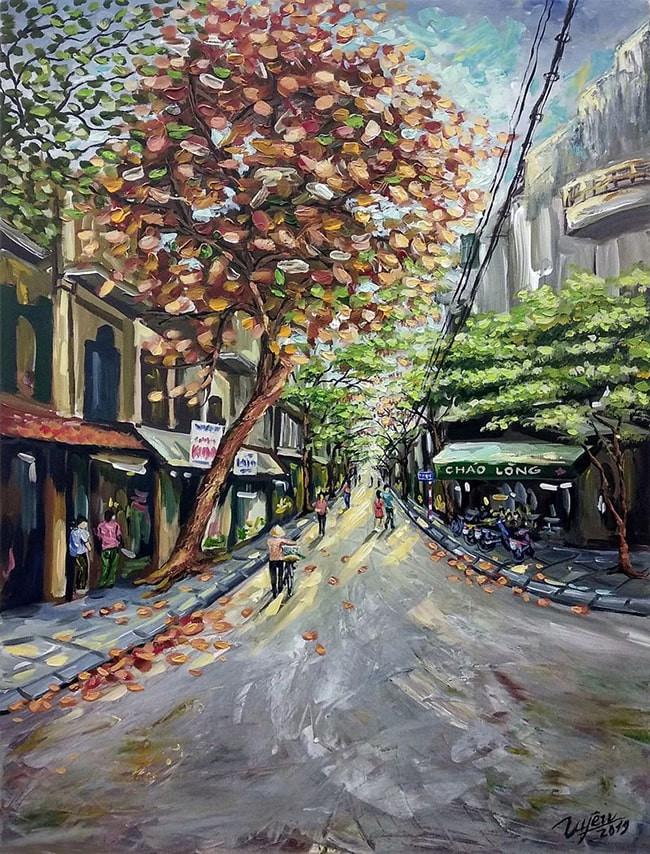 Bức tranh về phố cổ Hà Nội, tái hiện nét kiến trúc truyền thống và xe cộ tấp nập