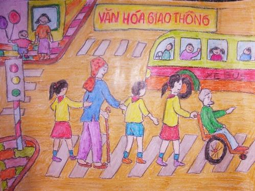 Học sinh tuân thủ tín hiệu đèn khi đi qua đường an toàn
