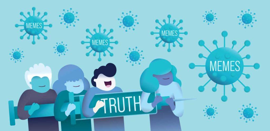 illustration of four people hold a large syringe labeled truth and point it memes designed to look like viruses